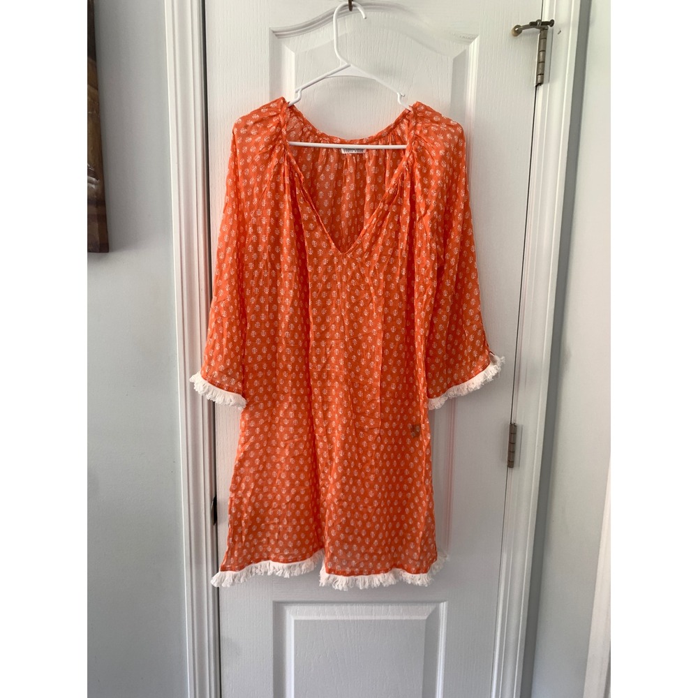 Debbie Katz South Beach Orangeโ Cotton Block Print Fringe Tunic Cover Up Dress M